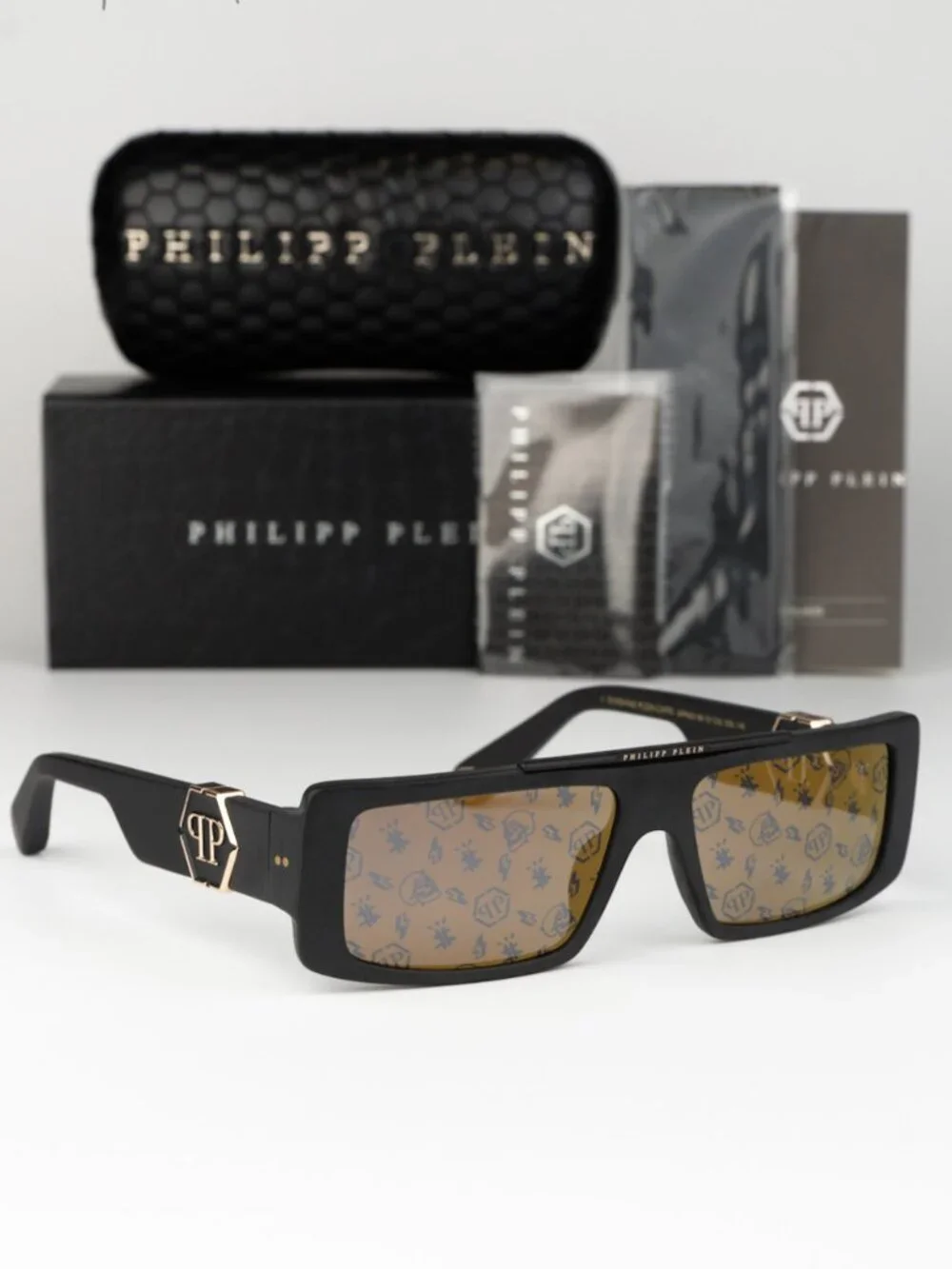 Philipp Plein Men Sunglasses Black Gold Mirror Rectangle SPP003M 703L BRAND NEW